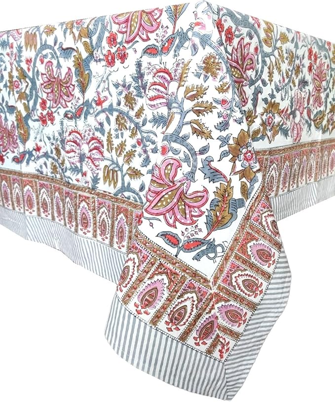 ATOSII Eden 100% Cotton Fall Tablecloth, Handblock Floral Print Rectangle Linen for Kitchen Dining I Parties Wedding Christmas Thanksgiving Outdoors I Spring Summer 72 X 108 Inches I 8 Seater Table