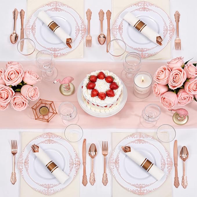 Nervure 700PCS Rose Gold Plastic Plates - Rose Gold Plastic Dinnerware Sets for 100 Guests - 200 White Disposable Plates, 300 Silverware, 100 Cups, 100 Napkins for Wedding & Party