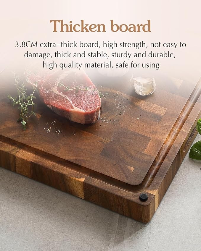 XINZUO Large Thick End Grain Acacia Wood Cutting Board- (19''L x 14''W x 1.5''T) Reversible Wooden Chopping Board with Non-Slip Feet, Built-in Handles and Juice Groove- Butcher Block Cutting Board