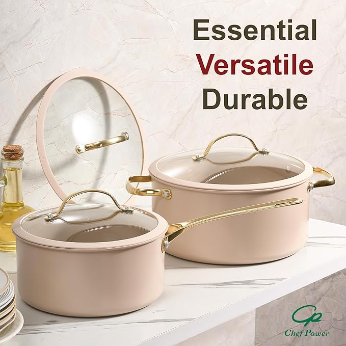 Chef Power Ceramic Cookware Sets, 10Pcs Pots and Pans Set Non Stick, Cookware Set with Stainless Steel Handle, Dishwasher & Oven Safe, Taupe and Light Gold Handle