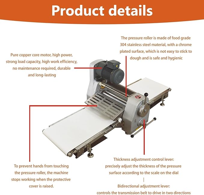 Commercial Dough Sheeter Machine, Electric 400mm Reversible Roller Dough Flattening Conveyor, Desktop Pastry Machine 1-32mm Adjustable Thickness for Bakeries, Pastries 110V
