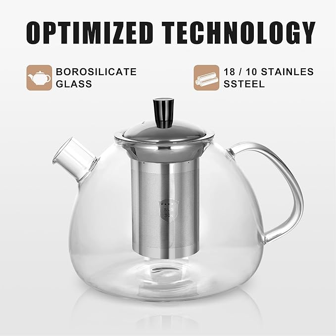 Glass Tea Pot with Infuser for Loose Tea, Microwave Stovetop Safe 1500ml/50oz Loose Leaf Tea Kettle