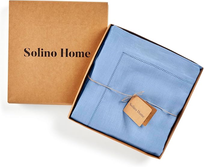 Solino Home Cornflower Blue Linen Tablecloth 60 x 144 Inch - 100% Pure Linen Hemstitch Table Cloth for Rectangle Tables - Classic Hemstitch, Machine Washable Tablecloth for Winter, Spring, Easter