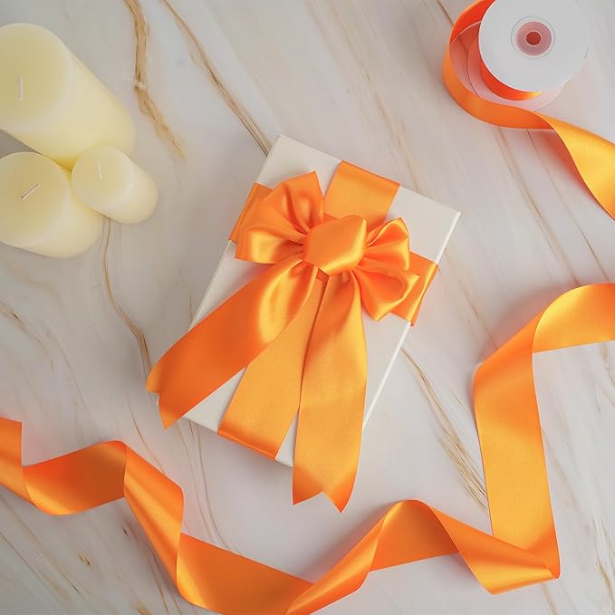 MEEDEE Orange Satin Ribbon - 25 Yards Neon Tangerine, Double Faced Satin for Christmas, Thanksgiving, Halloween, Weddings, Flower Bouquets
