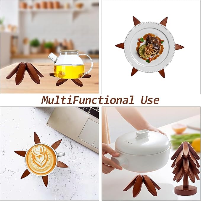 Wooden Trivets for Hot Dishes,Natural Tree Trivet Set,Foldable Wooden Trivet,Black Walnut Wooden Tree Coaster Set for Hot Dish/Pot/Bowl/teapot/hot Pot Set(4 Piece-Walnut)