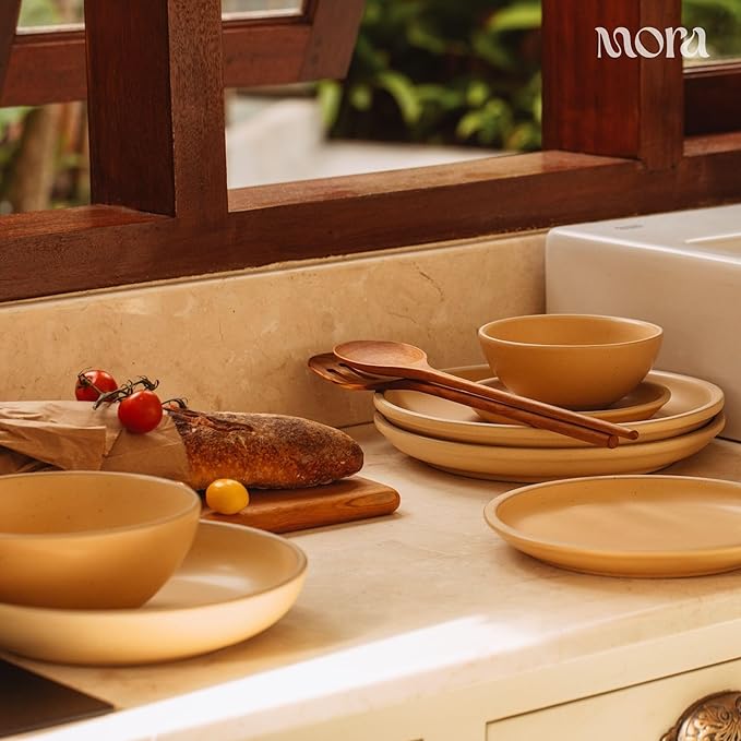 MORA Medium Plates Set of 4, 8.5 inch Ceramic Pottery Salad Plates - Microwave, Oven and Dishwasher Safe - Merrigold