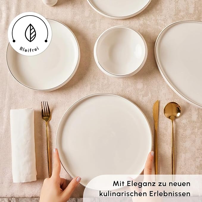 Karaca Streamline New Saturn 59-Piece Dinnerware Set for 12 People,New Generation Bone, Dinner Plates, Pasta Bowls,Salad/Cereal Bowls,Side Plates, Serving Platters,Porcelain Crockery Set, White Gold