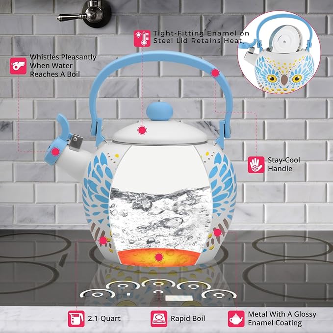 Whistling Tea Kettle for Stove Top Enamel on Steel Teakettle, Supreme Housewares Owl Design Teapot Water Kettle Cute Kitchen Accessories Teteras (2.1 Quart, Owl)