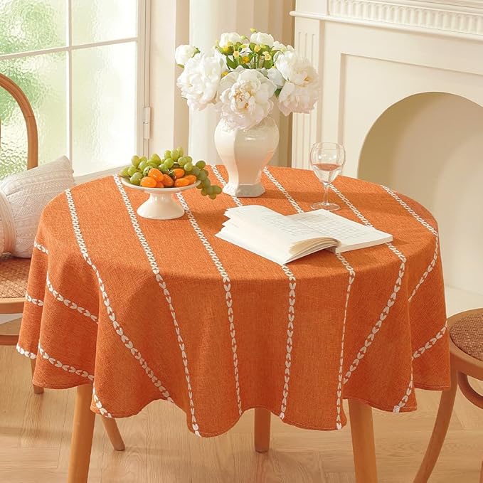 Zobesta Linen Table Cloth Burnt Orange Round Tablecloth 53 inch, Washable Farmhouse Soft Boho Round Table Cloth for Halloween,Thanksgiving, Party, Dining, Outdoor, Fall