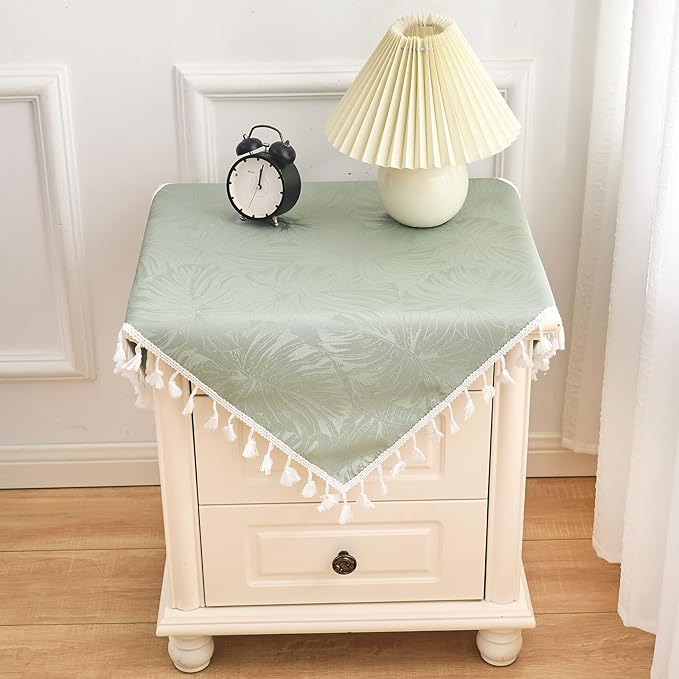 Square Tablecloth 24x24 Inch Green Leaves Pattern with Fringe Edge Waterproof Washable Jacquard Fabric Nightstand End Table Cover for Coffee Teapoy Table Room Decor