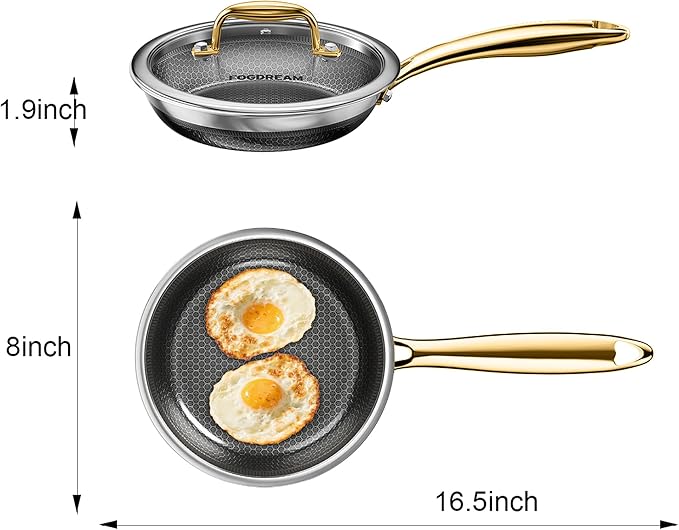 FogDream 8” Non Stick Frying Pans, Stainless Steel Skillet with Lid, Tri-Ply Stainless Steel for All Cooktops, Dishwasher and Oven-Safe Cooking Pan, Stay-Cool Handle, Gold