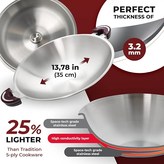 BUFFALO Clad Stainless Steel Wok Pan with Lid Flat Bottom 14 inch (35cm) Stir Frying Pan Tri-Ply Nonstick Cookware - Double Handle Cooking Pot for Induction/Electric/Gas Stoves