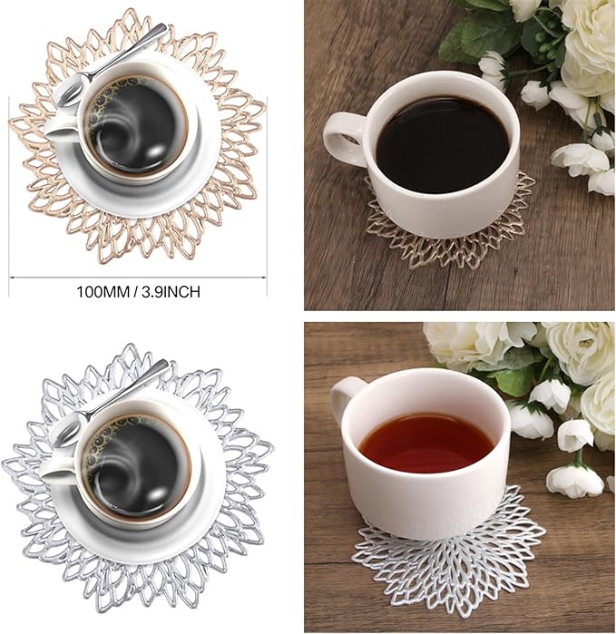 10CM Hollow Out Coaster PVC Flower Round Irregular Cup Coasters Pads for Kitchen Wedding Party Home Decor(Gold,4 Pcs)