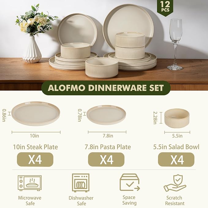 Stoneware Dinnerware Sets, Plates and Bowls Sets for 4, 12-Piece Ribbed Dishes – Chip & Scratch Resistant, Microwave and Dishwasher Safe Tableware, Beige