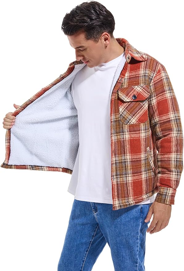 Men's Cotton Sherpa Lined Button Down Flannel Shirt Jacket Plaid Soft Outdoor Flannel Jacket Shirt