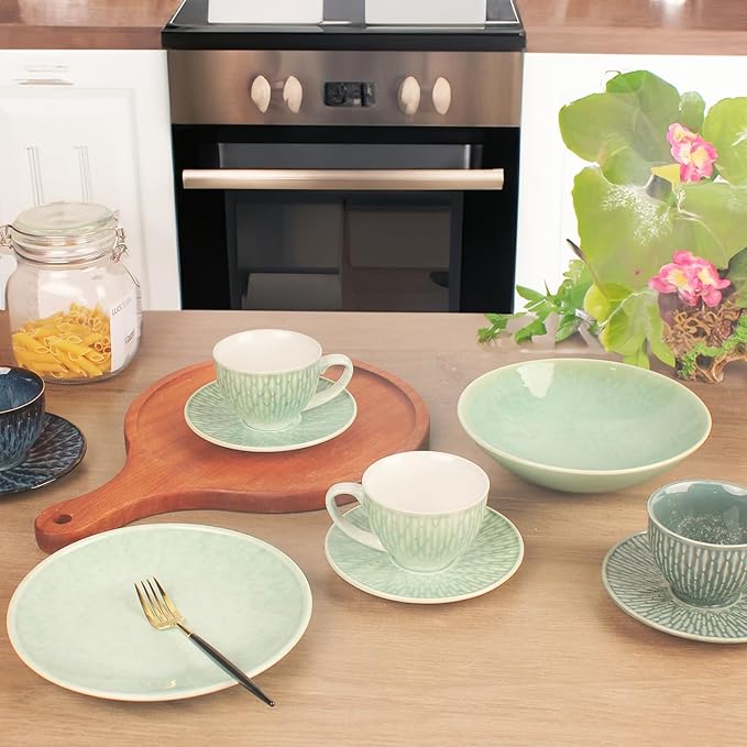 Coffee Mugs Set, 6.8 Oz,Ceramic Tea Cup with saucer, Espresso Cups 8-piece, Stackable Cups, for Latte,Hot Tea,Cappuccino, Mocha, Cocoa, dishwasher & microwave safe,Agate green