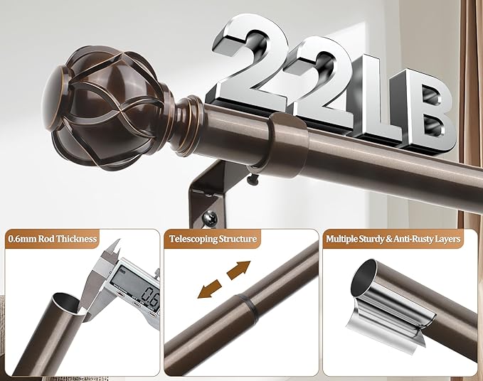 Bronze Curtain Rods 2 Pack, HOTOZON Curtain Rods for window 32 to 58 Inch, New Splicing Window Rod for Windows, 3/4 Inch Single Drapery Rod with Netted Finials
