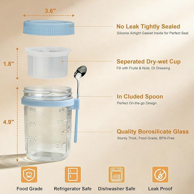 Overnight Oats Containers with Lids and Spoons - 4 Pack 16 oz Glass Mason Jars with Separate Compartments Airtight Overnight Oat Jars Leakproof Yogurt Parfait Cup for Oatmeal Chia Pudding Cereal Salad