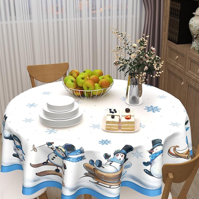 Winter Snowman Tablecloth Round 70 Inch Blue and White Christmas Snowman Snowflake Snow Circle Table Cloth Xmas Holiday Table Cover for Kitchen Dinner Home Decor