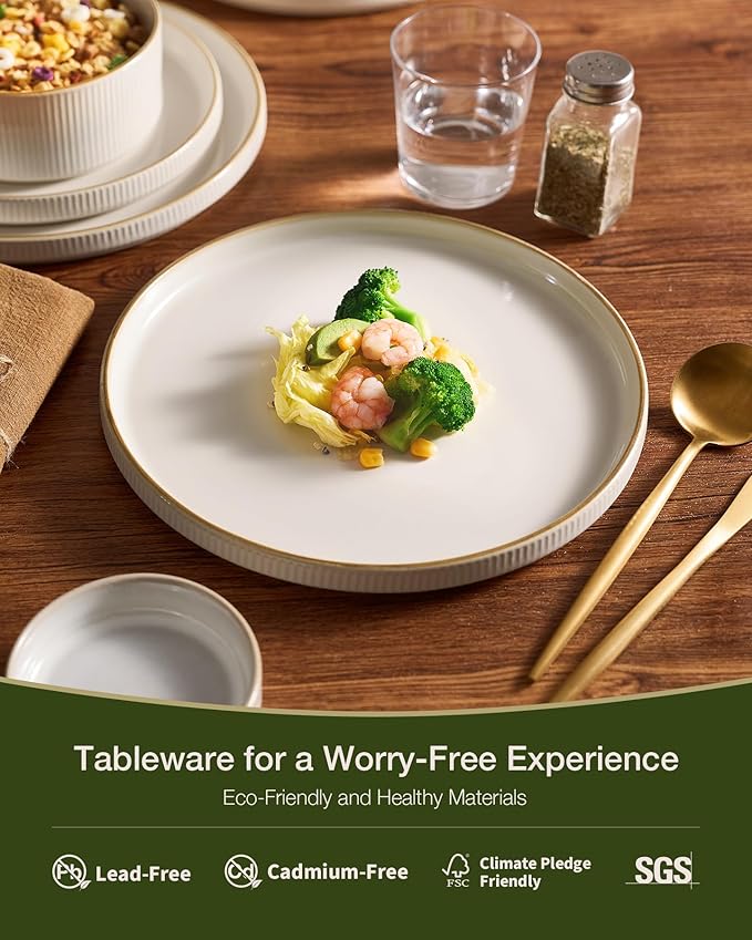 famiware Star Dinnerware Set, Plates and Bowls Sets for 6 (18pcs), Ribbed Stoneware Dishes - Chip & Scratch Resistant, Microwave & Dishwasher Safe Kitchenware, White