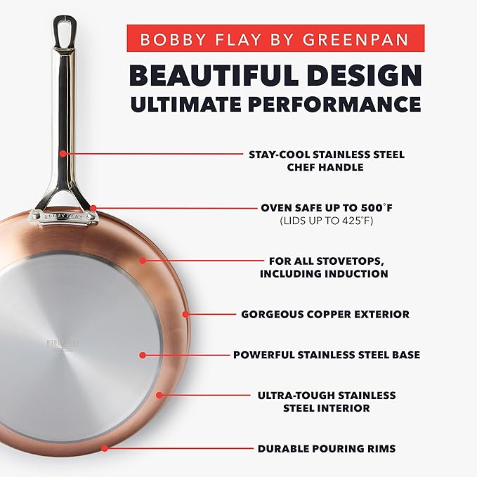 GreenPan x Bobby Flay 8 Piece Copper Clad Pots & Pans, Induction Ready Cookware, Measurement Markings, Stainless Steel Base & Interior, Oven Safe to 500˚F