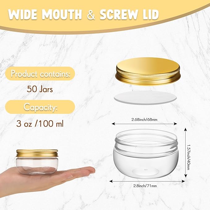 Suclain 50 Pcs 3 oz Canning Jars Mini Mason Jars with Lids Clear Small Canning Containers for Wedding Favors DIY Crafts Shower Favors Herb Jelly,Jams,Spice,for Kitchen Storage(Gold)