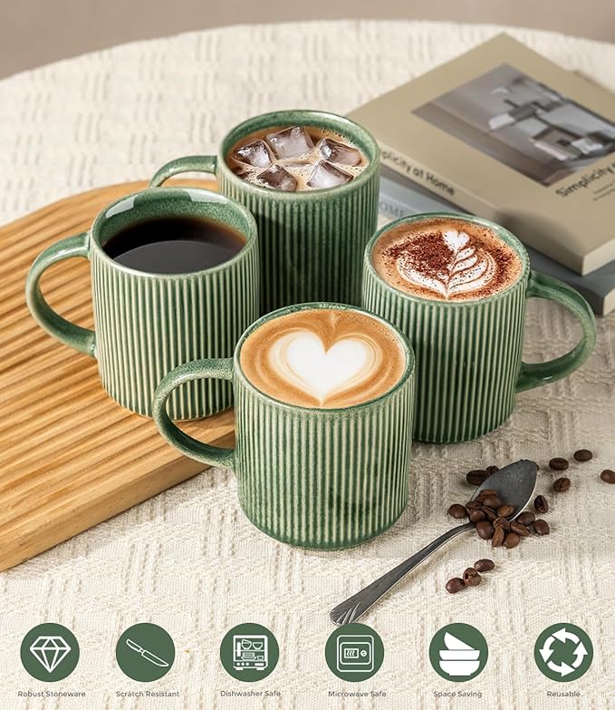 GBhome Coffee Mugs Set for 6, 12oz Coffee Cups with Handle for Man,Woman,Dad,Mom, Stoneware Mugs Sets for Coffee, Latte,Tea, Hot Cocoa, Milk, Dishwasher&Microwave Safe, Dark Green