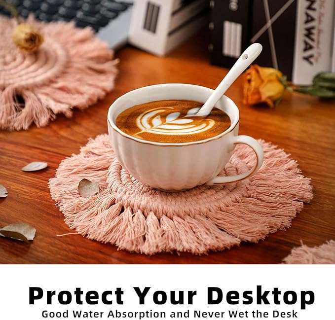 2 PCS Macrame Coasters Handmade Boho Coasters,Woven Absorbent Drink Coaster,Heat Resistant Cotton Coaster for Coffee Table,Desk Kitchen Dining Room Kitchen, Home Decoration (Coral Pink)