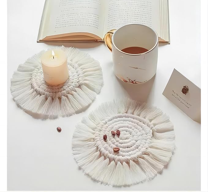 Boho Coasters Set of 2, Handmade Macrame Placemats for Housewarming Gift Home Decor Desk Table Kitchen Dining Room, Bar Drink Coaster for Mugs and Cups (Round, White)