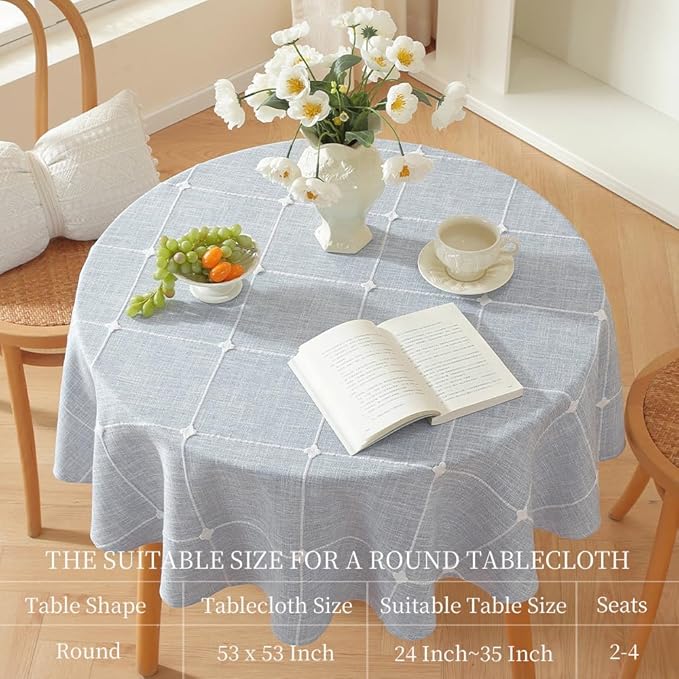 Zobesta Linen Blue Table Cloth Round Tablecloth Gingham 53 inch, Washable Farmhouse Soft Boho Round Table Cloth for Outdoor, Party, Holiday, Picnic, Dining