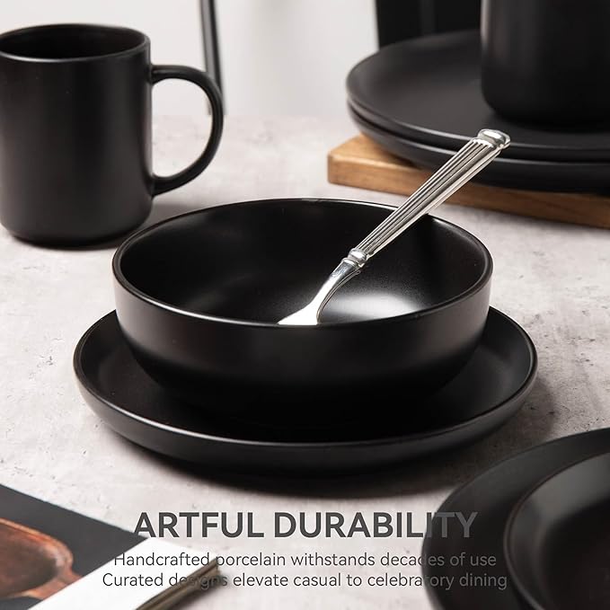 12-Piece Matte Black Dinnerware Set,Stoneware Dinnerware for 4, Microwave & Dishwasher Safe, Stackable Design for Kitchen and Dining - Plates and Bowls