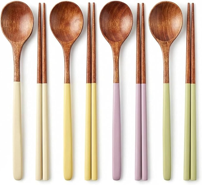 Handmade Wooden Cutlery Set by Diulazin - 4PCS Reusable Spoon and Chopsticks, High-Grade for Daily Use, Parties, Banquets, Buffets, Catering - Eco-Friendly, 9 Inch (Style D)