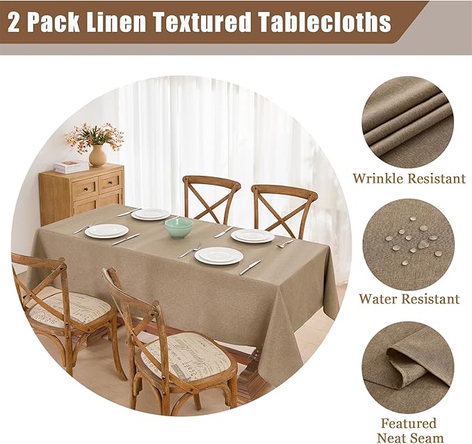 Faux Linen Tablecloths for Rectangle Tables, 2 Pack Burlap Textured Table Cloths Washable Farmhouse Table Cover Water Resistant for Dining, Wedding, Outdoor(Khaki, 60"×120")