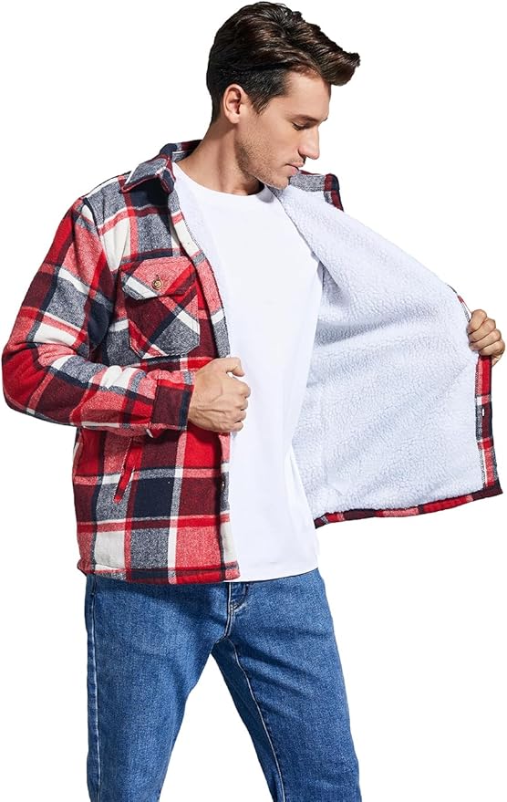Men's Cotton Sherpa Lined Button Down Flannel Shirt Jacket Plaid Soft Outdoor Flannel Jacket Shirt