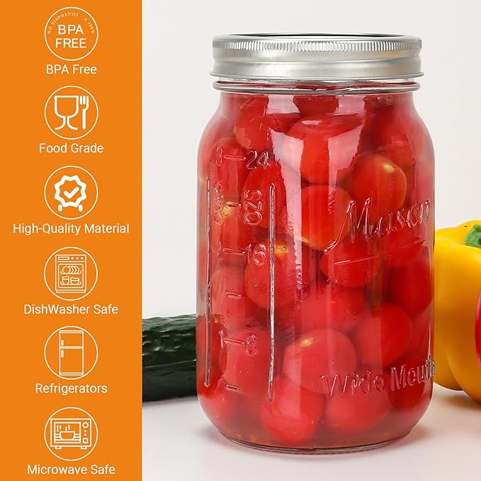CycleMore 32oz Mason Jars, 6 Pack Large Glass Mason Jar with Metal Airtight Lids and Bands, Wide Mouth Glass Jars, 1 Quart Canning Jars for Pickling, Fermenting, Food Storage & DIY Projects