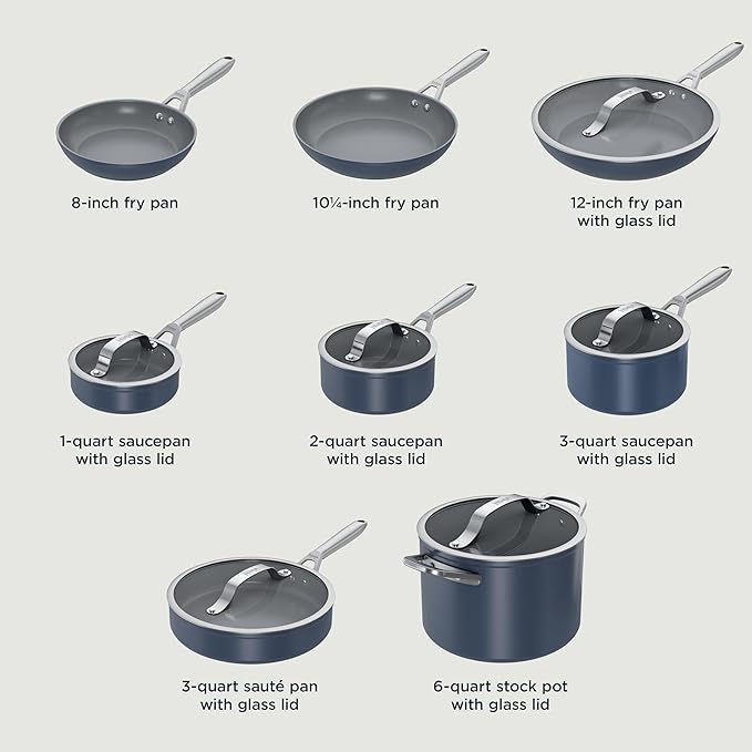 Ninja Ceramic Pro 14-Piece Cookware Set, Non-Stick Pots & Pans Set with Glass Lids, Nontoxic, PTFE Free, Ceramic Coated, Oven Safe, All Stovetops & Induction Compatible, Midnight Blue, CW39014MM