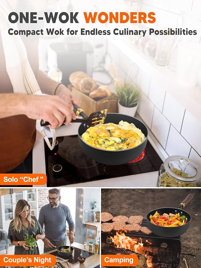 Carbon Steel Wok, 9.5" Bi-Thickness Authentic Chinese Woks & Stir-Fry Pans, Saute Pan with Lid, Deep Fry Pan Flat Bottom Small Wok for 1-2 Servings