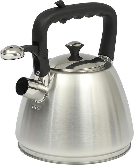 Mr. Coffee Armidale 2.5QT Whistling Tea Kettle, Large Brushed Stainless Steel Kettle for Stovetop, Durable Fast-Boil Tea Pot