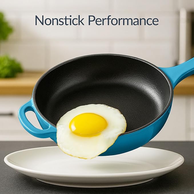 Best Choice Products Non-Stick Pot & Pan Cookware Set, Cast Iron, 2Qt Skillet W/Lid, 10" Grill Or Griddle Pan W/Press, 6Qt Enameled Dutch Oven, Non-toxic, For Cooking & Grilling - Blue