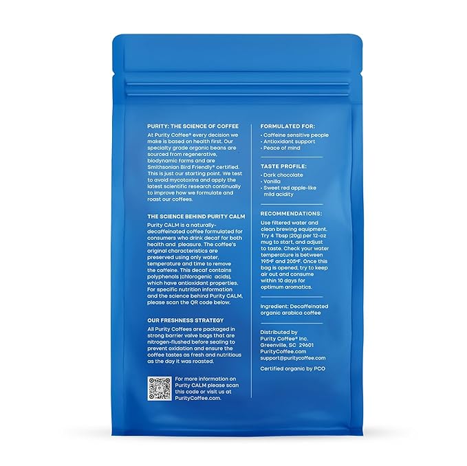 Purity Coffee CALM Decaf Medium Roast Ground (12oz Bag) | Specialty-Grade USDA Organic Mountain Water Process Decaffeinated Blend | Third Party Tested for Mold, Mycotoxins & Pesticides