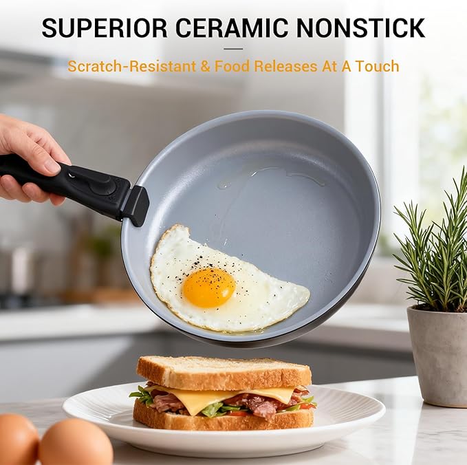 Ammeloo 18 Pcs Ceramic Pots and Pans Set Non Stick Kitchen Cookware Set with Detachable Handle, Non Toxic Cooking Set with Removable Handle for RVs, Camping, Fridge, Dishwasher/Oven Safe, Black