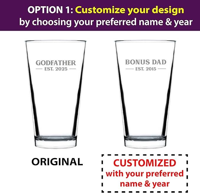Custom Godfather Est 20XX - New Godfather Pint Glass Proposal Gift for First Time Godparents - Personalized Bold 16 Oz Glasses