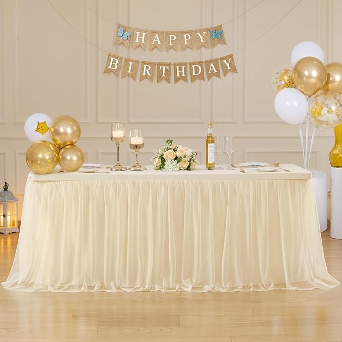 4 Pack 8ft Champagne Tulle Tablecloths for Rectangle Tables, 8 Foot Champagne Rectangular Table Cloth, Wrinkle Free Table Cover with Tutu Skirt for Wedding Birthday Party Banquet Buffet Bridal Shower