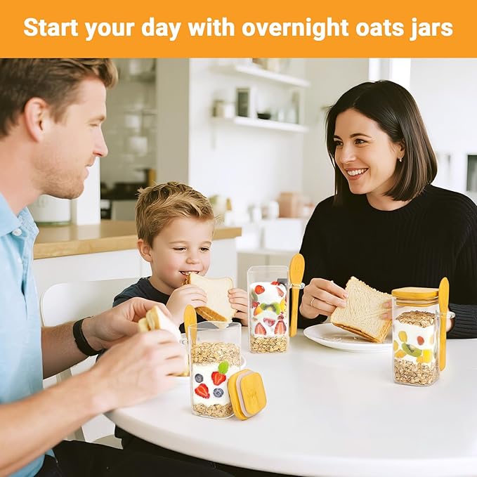 Glass Jars with Bamboo Lids Set of 4, 11 Fl.oz Square Glass Storage Jars with Airtight Lid and Spoon, Clear Spice Container Stackable Wide Mouth Cansiter for Loose Tea, Coffee, Sugar, Candy