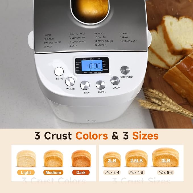 Davivy Bread Maker Machine 3LB with 2 Dough Kneading Paddles,15-in-1 Automatic Large Capacity Bread Machine Nonstick Bowl For Bread, Jam& Yogurt, 3 Loaf Sizes and 3 crust settings（silver，1.5kg）