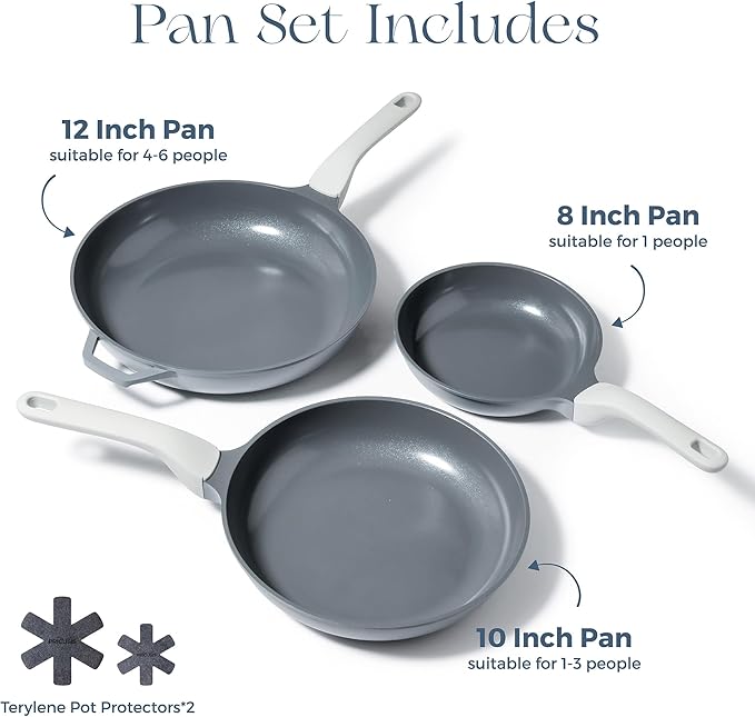 PRICUSIS 5Pcs Ceramic Nonstick Frying Pan Set, 8+10+12 Inch Induction Compatible Skillet with Stay Cool Handle, Fully Coated, 100% Dishwasher Safe, PFAS & PTFE & PFOA Free (Blueberry Gray