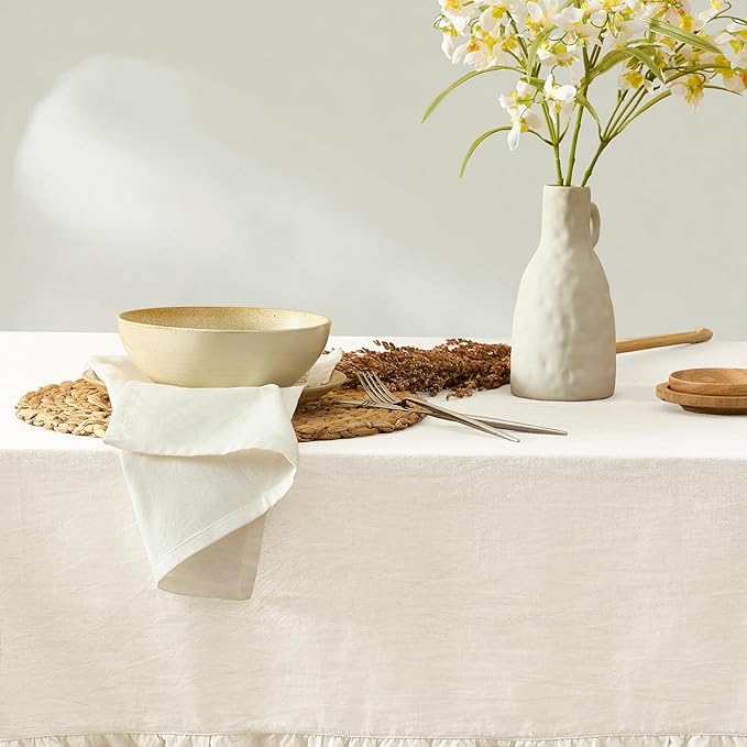 MONDAY MOOSE Ruffle Farmhouse Rustic Rectangle Natural Stonewashed Cotton Tablecloth for Kitchen, Dining Room, Restaurant (55x70 inch, White)