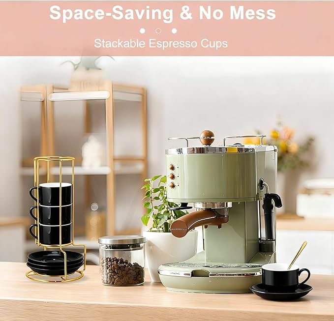 3 Ounce Espresso Cups Set of 4, Stackable Demitasse Mugs, Includes Display Stand, Cups Saucers, and Spoons, for Machines & Home Use, Black, Gold Tone