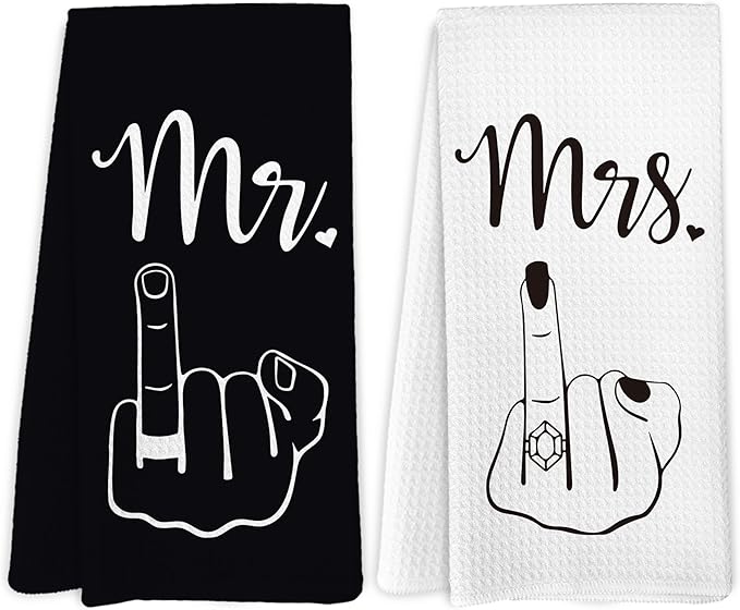 Mr and Mrs Kitchen Towels, Honeymoon Gifts Decorative Dish Tea Towels for Kitchen Bathroom, Hubby and Wifey Gifts, Valentines Day Bride and Groom Gifts Hand Dish Towels Set of 2,16x24in