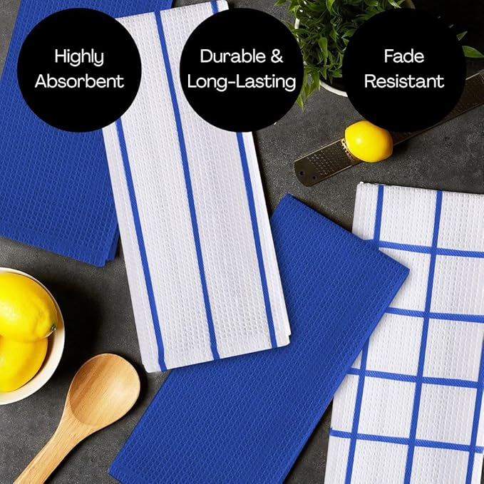 Assorted Waffle Kitchen Dish Towels 100% Cotton Set of 6, Soft Absorbent Quick Drying Table and Kitchen Linen, Tea Towels and Cleaning Towels with Hanging Loop, Dish Towels 15x25 Blue